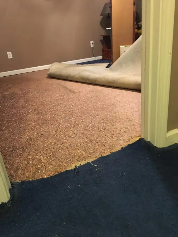 Carpet pad removal revealing water damage during Drying & Dehumidification in Winston-Salem